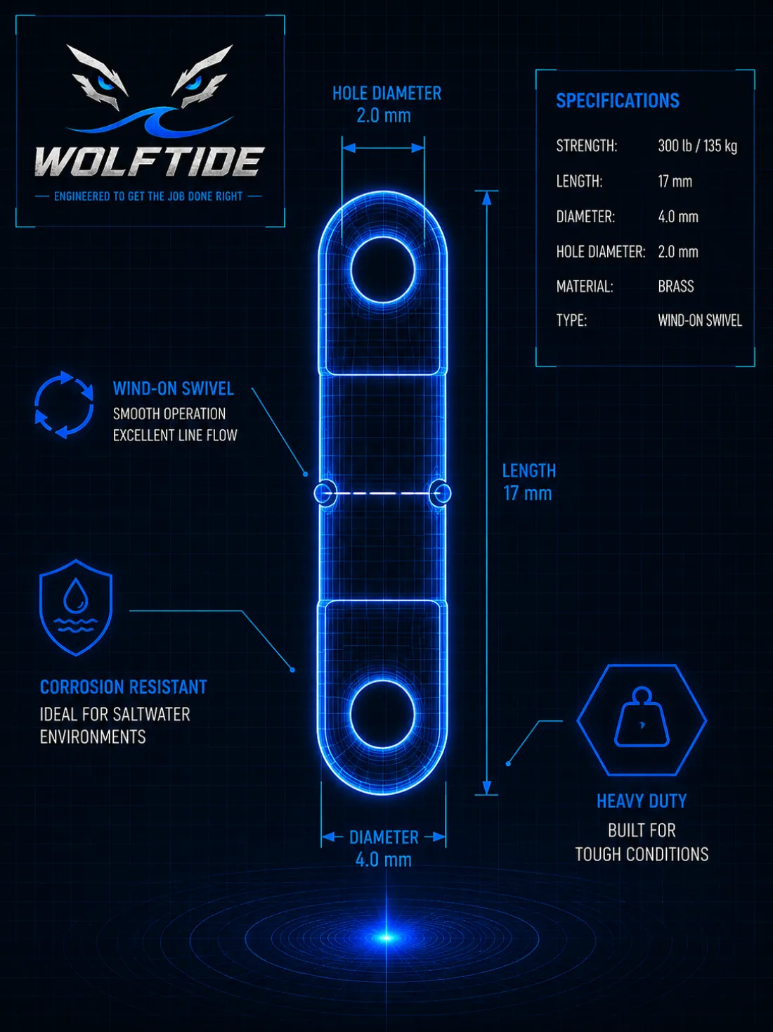WolfTide Heavy Duty Wind-On Swivel technical spec sheet